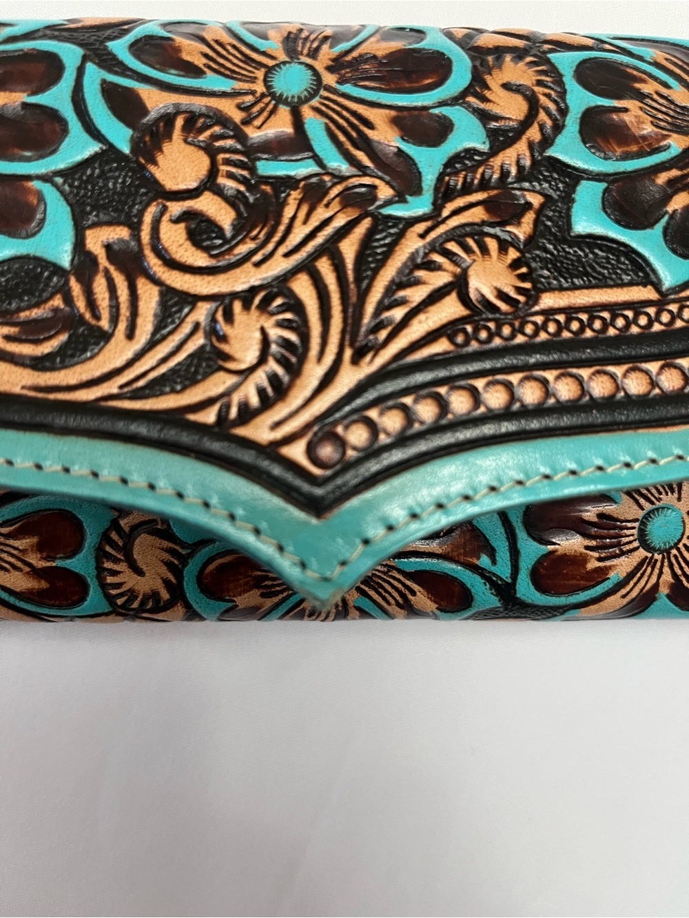 Myra Flower Crest Tooled Leather Wallet Floral Embossed With Turquose Accents - Picture 5 of 10